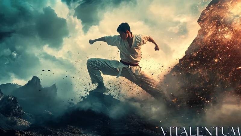 Martial artist performing dynamic kick in rocky terrain.