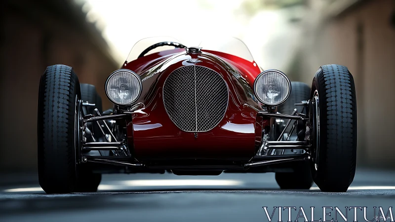 Photorealistic frontal study of classic red race roadster design.