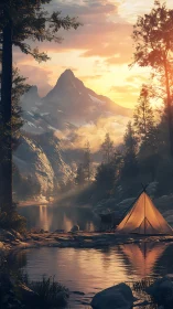 Sunlit alpine campsite beside reflective river, vertical digital painting.