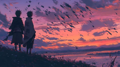 Anime silhouettes watch stormlit magenta sunset sky.