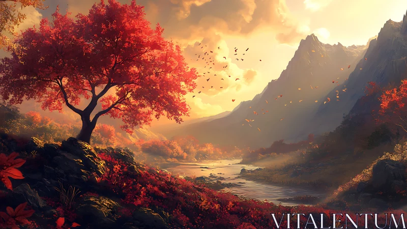 Autumn river valley under volumetric sunset light with glowing foliage