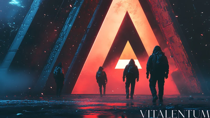 Triangular portal entrance emits saturated red backlight on explorers