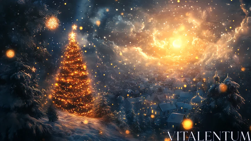Glowing Christmas tree overlooks a snowlit, magical town