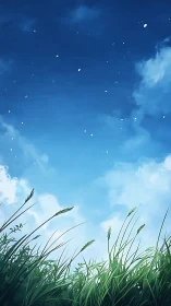 Digital painting of summer grassland under open sky vertical.