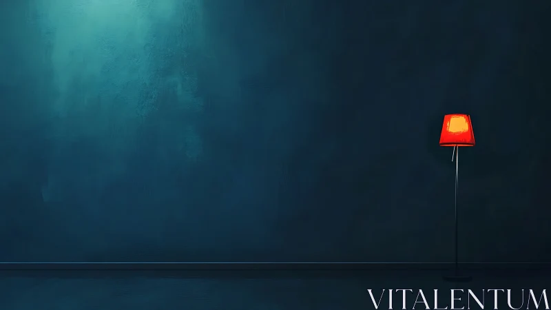 Scarlet floor lamp punctuates a brooding teal silence.