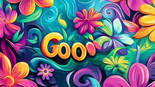 Neon garden letters swirling through a wild floral daydream.