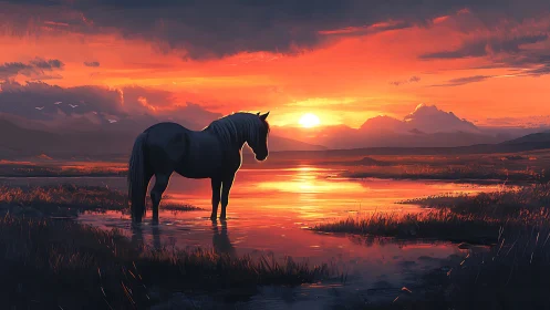 Solitary horse watches a blazing river of sunset light.