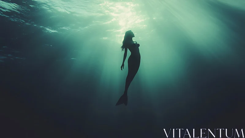 Ethereal mermaid silhouette in teal subaquatic backlight.