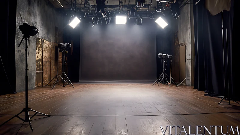 Cinematic portrait studio with rigged softbox lighting array.