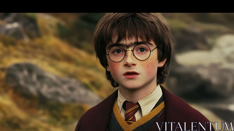 Young boy in school uniform gazes ahead outdoors thoughtfully.