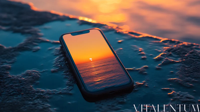 Smartphone on wet stone reflecting vivid ocean sunset horizon