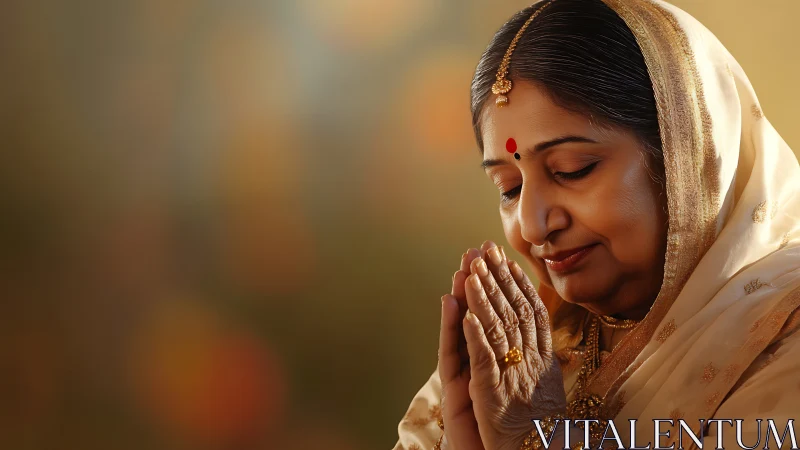 Indian Woman in Traditional Attire Praying, Warm Portrait Style.