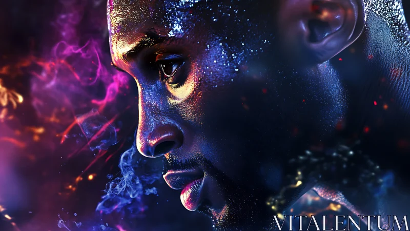 Cyberpunk portrait profile with neon particle atmospherics.