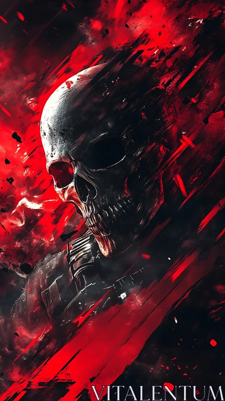 Skull-headed figure in red and black digital abstraction.