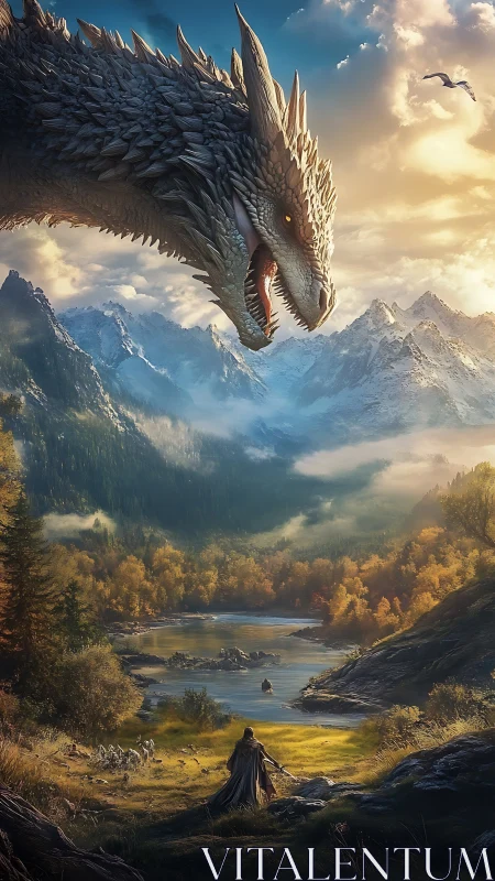Draconic confrontation over alpine valley in cinematic light.