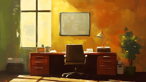 Sunlit studio desk anchors warm minimalist workspace scene