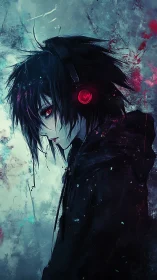 Brooding anime boy in headphones against grungy neon wall.