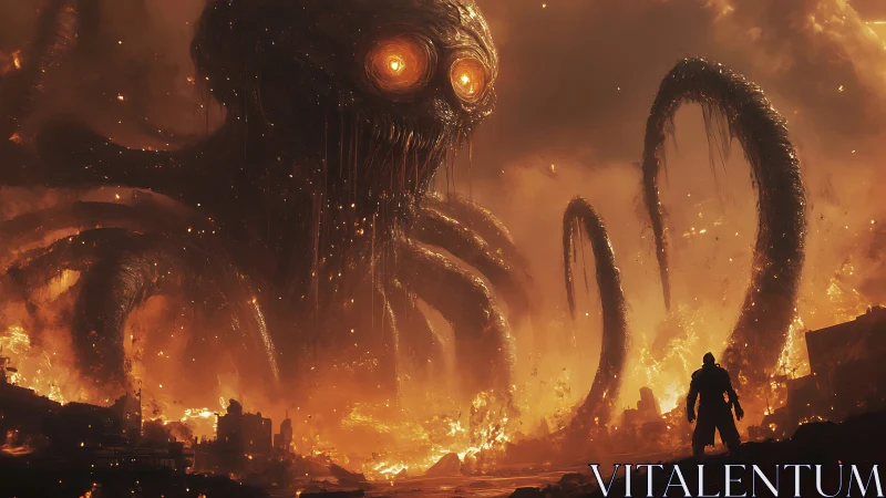 Colossal firelit tentacled monster confronts lone warrior.