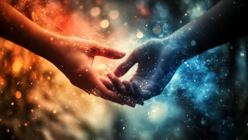 Two Hands Touching with Contrasting Fire and Ice Energy Emissions