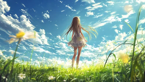 Sunlit meadow daydream with a girl under a wide blue sky.