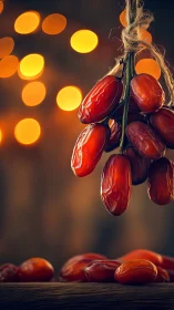 Ripe dates hang over rustic board against warm bokeh lights