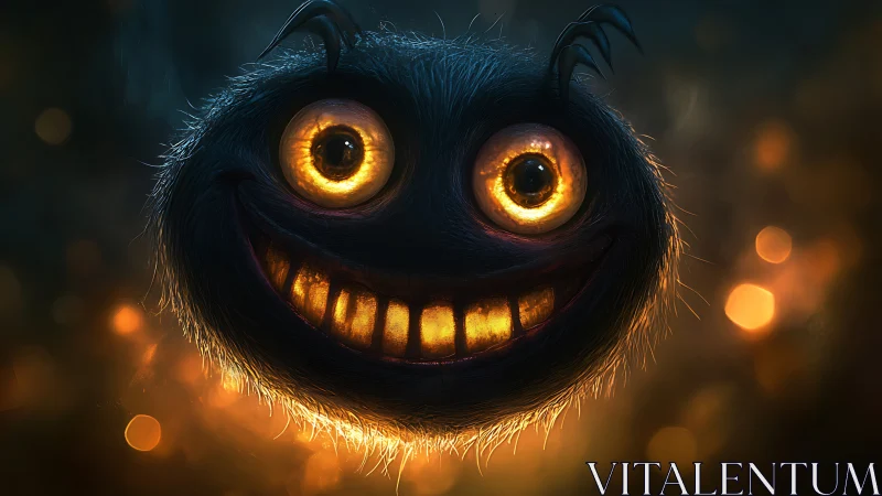 Glowing eyed furry orb creature with luminous toothy grin
