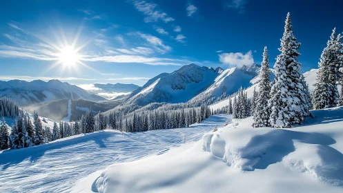 High-alpine winter valley displays crisp irradiated snow textures