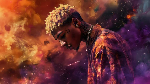 Portrait of pensive man immersed in cosmic nebula clouds