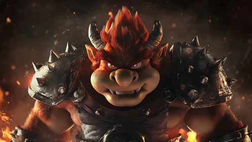 Fiery horned brute grinning through sparks and shadows.