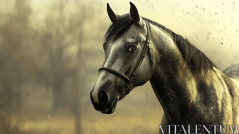 Grey horse portrait in soft light with blurred field.