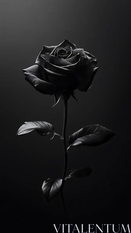 Elegant single black rose glowing in soft shadowed light.