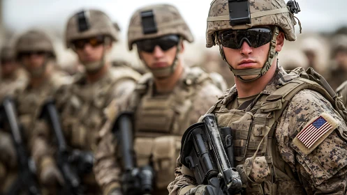Steady line of focused soldiers stands ready together today