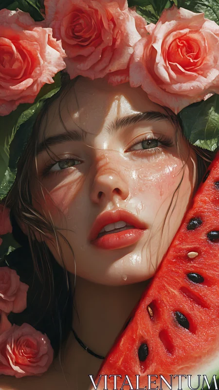 Summer-kissed portrait pairs roses, dewy skin and ripe melon