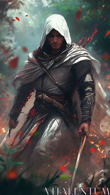 Calm hooded warrior walking through a storm of embers.