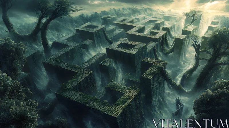 Mythic stone labyrinth rises through roaring spectral floods.