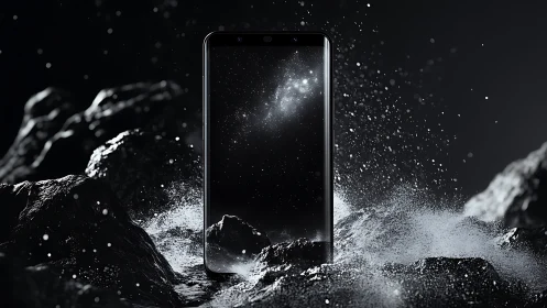 Photorealistic smartphone monolith amid dynamic water spray.