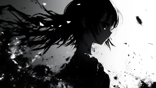 Silhouetted anime girl dissolves into abstract ink shadows