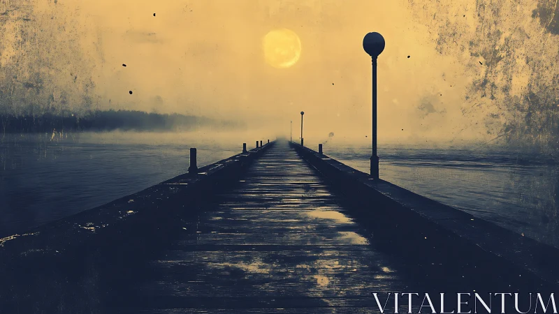 Nocturnal pier perspective under misted lunar glow.
