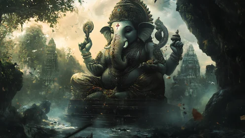 Colossal forest deity quietly crowns mist with bronze light