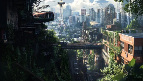 Post-apocalyptic Seattle canyon with suspended tramway and overgrowth