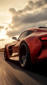 Sunset-forged supercar streaking through molten highway light.