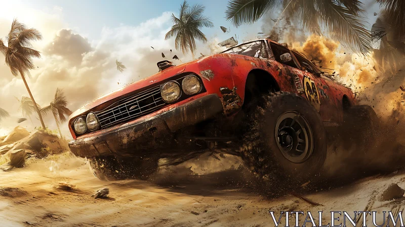 Roaring desert racer powers through sand in a sunny escape