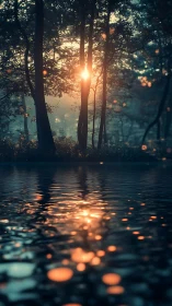 Golden Sunrise Through Forest Trees Over Water