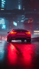 Red sports car glows against neon city rain at night