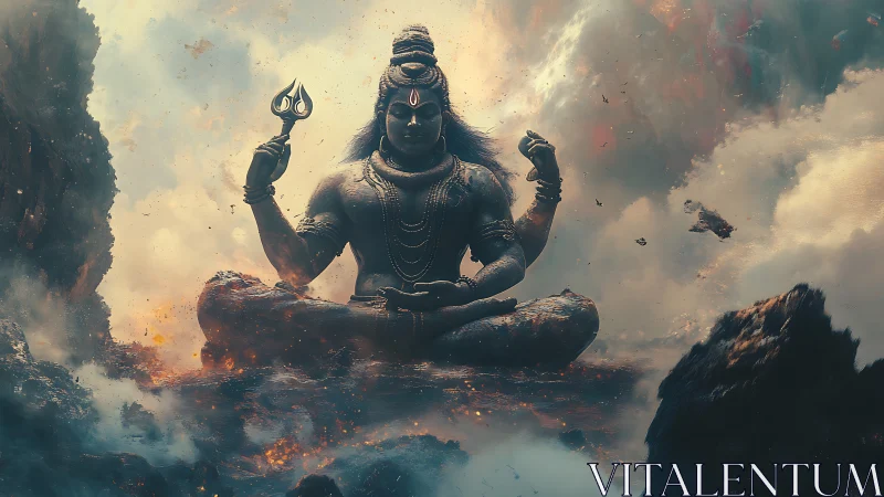 Divine warrior meditates in swirling cosmic storm clouds