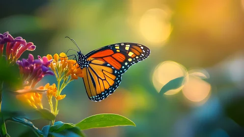 Monarch butterfly on clustered flowers in soft backlight.