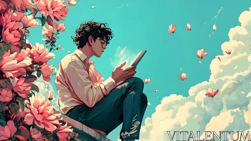 Young man reading calmly among flowers and clouds.