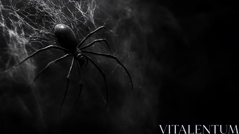 Macro spider on web in low key monochrome lighting study.