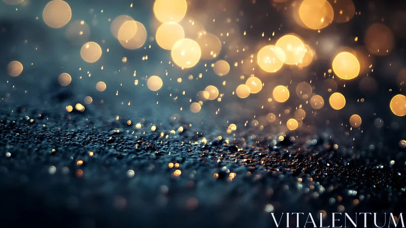 Golden raindrops softly sparkle across a misty evening street