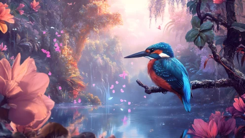 Bright kingfisher rests calmly above a dreamy flowered lake